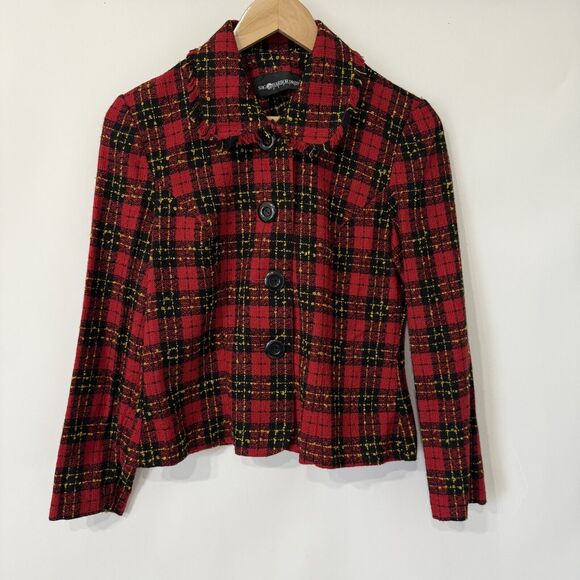 Vintage Sag Harbor Blazer Jacket Size 6 Petite Red Nubby Plaid Fringe Collar - Picture 1 of 9